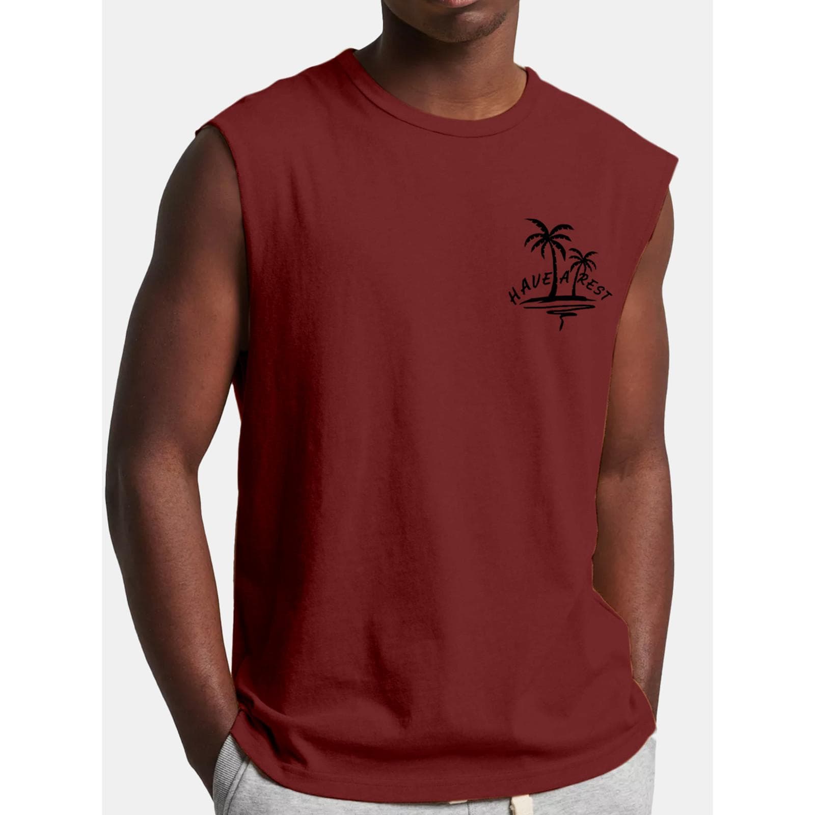 Mens Summer Surf Beach Tank Top Large Size Casual Breathable Sleeveless Top Loose Print Tank Top Man Shirt L wine