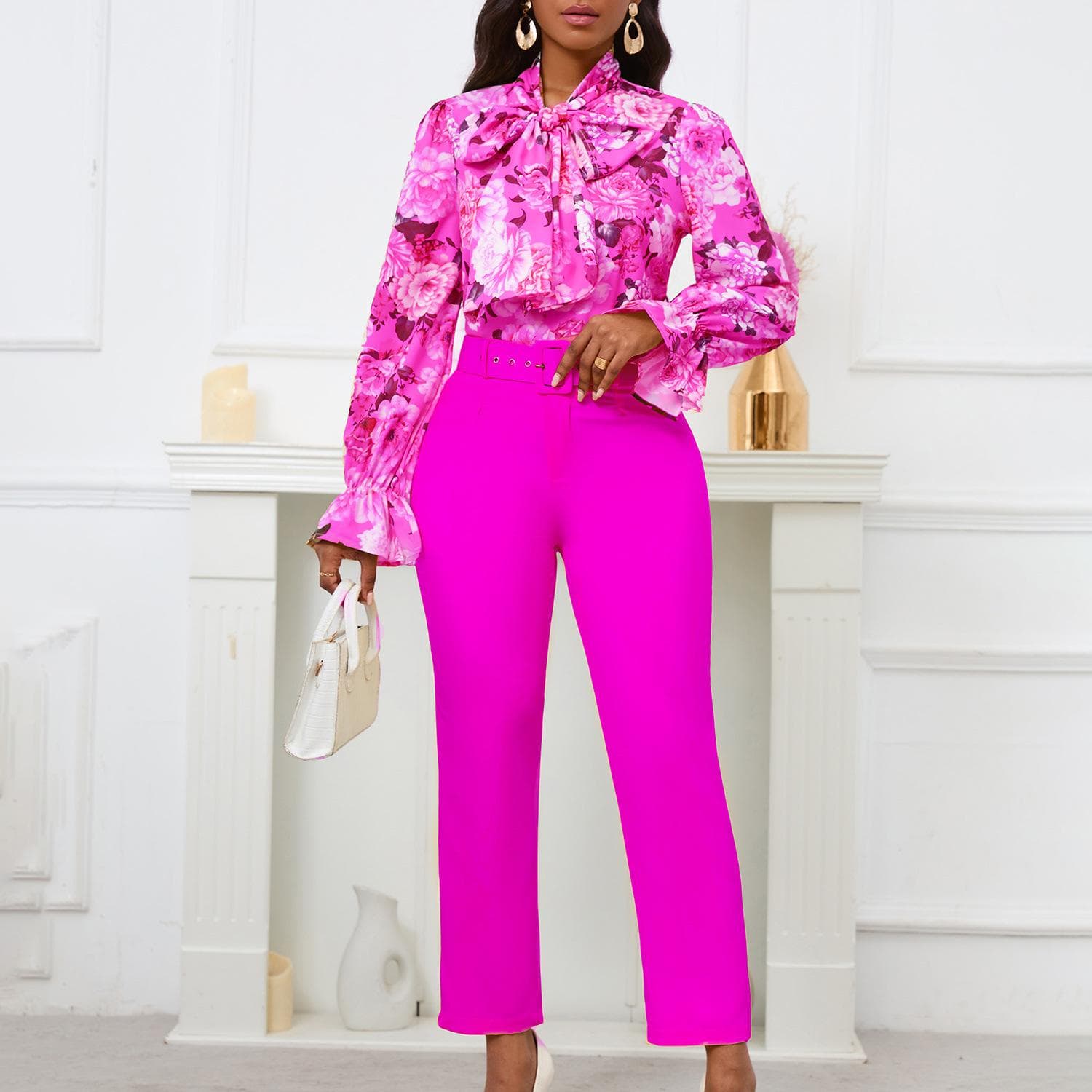 Women's Shirt Trousers Set Plus Size Spring and Autumn Fashion Printed Tie Long Sleeve Top High Waisted Suit Pants Casual Pants Set 2XL rose red