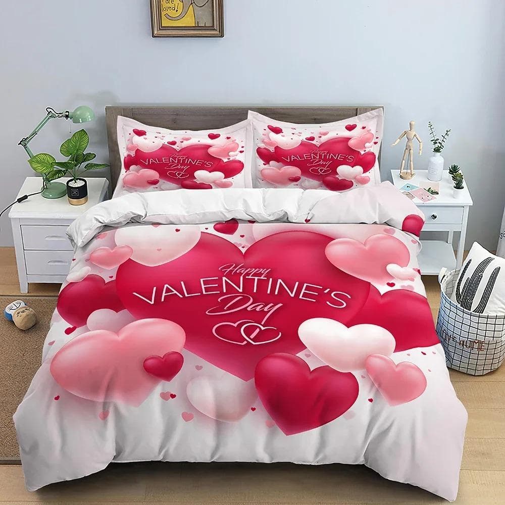 3D Love Heart King Queen Duvet Cover Valentines Gift Bedding Set for Girls Women Couples Soft Polyester Quilt Cover Home Textile AU Double 180x210cm