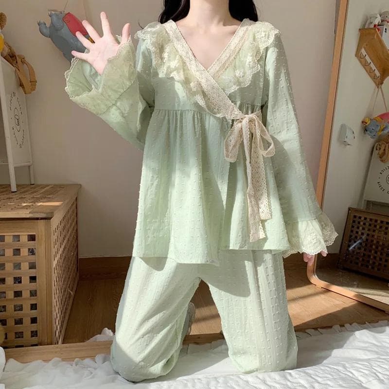 Pajama Princess Palace Wind Spring and Autumn Long Sleeve Suit Sweet and Lovely Retro Kimono High Sense Homewear Solid Pajamas XL